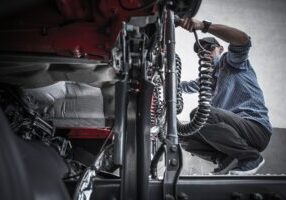 Trucker Semi Maintenance. Preparing Tractor Truck For the Next Trip. Caucasian Driver in His 30s.